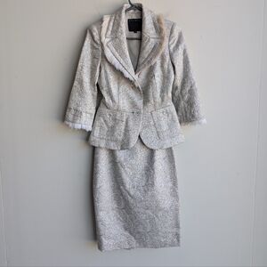 Ross Mayer gold/silver couture two piece suit skirt set With Feather Trim